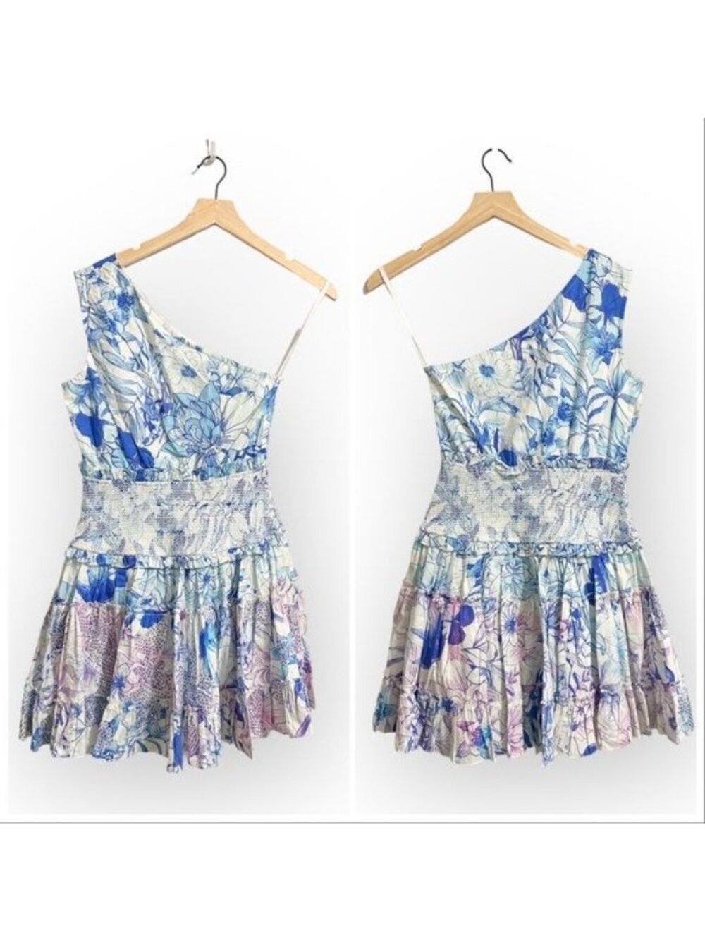 NWT Rococo Sand Amaya One Shoulder‎ Floral Print Mini Dress, Size S, Color Blue